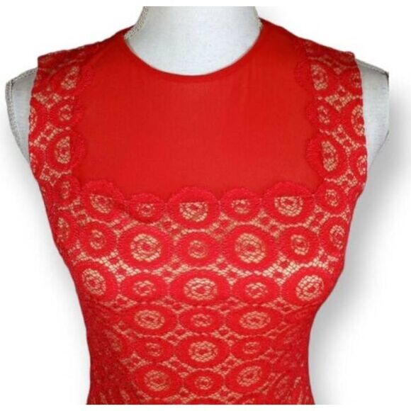 BEBE RED & NUDE LACE BODYCON DRESS SZ.XS EUC. - Picture 3 of 8